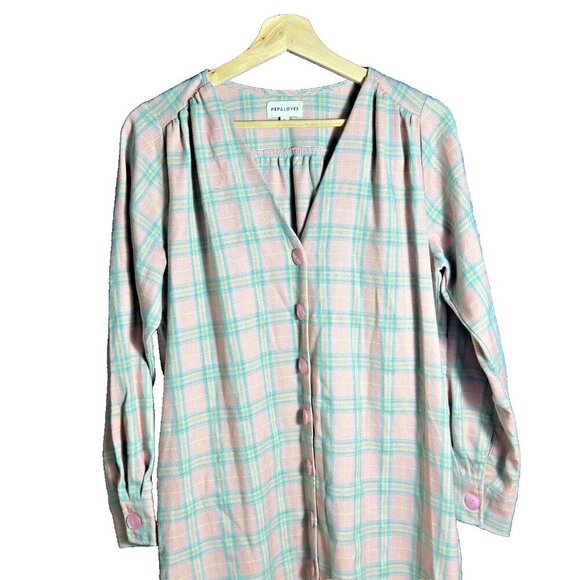 PEPALOVES SQUARES SHORT DRESS NUDE RELAXED FIT PINK GREEN PLAID PATTER POCKETS - Picture 4 of 12